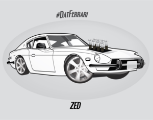 Datsun 240z with a Ferrari engine minimallistic cartoon for social media t-shirts | Graphic Design by Brigitte Melissa B