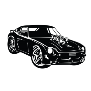 Datsun 240z with a Ferrari engine minimallistic cartoon for social media t-shirts | Graphic Design by BJY