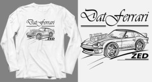 Datsun 240z with a Ferrari engine minimallistic cartoon for social media t-shirts | Graphic Design by SAI DESIGNS