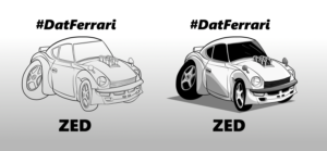 Datsun 240z with a Ferrari engine minimallistic cartoon for social media t-shirts | Graphic Design by Tomi Ax