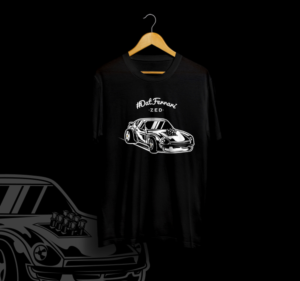 Datsun 240z with a Ferrari engine minimallistic cartoon for social media t-shirts | Graphic Design by HELLOCRUNK