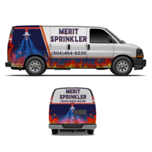 Merit Sprinkler Van Wrap, Fire sprinkler putting out fire | Car Wrap Design by Yoga Tri