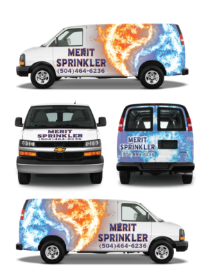 Merit Sprinkler Van Wrap, Fire sprinkler putting out fire | Car Wrap Design by Shumaila Kiran