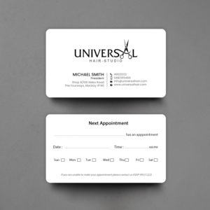 Universal Hair Studio Needs a new appointment business card  | Business Card Design by chandrayaan.creative