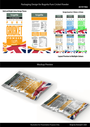 Insect-based foods company needs bright, eye catching pouch design for its Pure Cricket Powder | Packaging Design by Chromax8