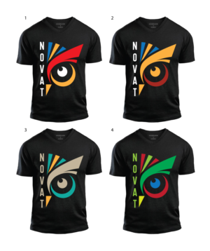 Big Multi color Owl face with the company name Novat somewhere in the image. | T-shirt Design by geni