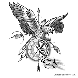 Forearm (underside) tattoo - clock/compass + bird | Tattoo-Design von El Yisk 2