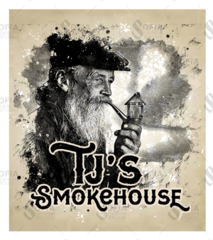 TJ's Smokehouse-Label of old bearded man smoking a pipe | Label Design by SofiaDesignStudio