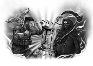 Medical man fighting the grim reaper over time | Tattoo Design by Omelas