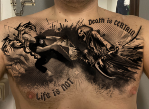 Medical man fighting the grim reaper over time | Tattoo Design by edge design