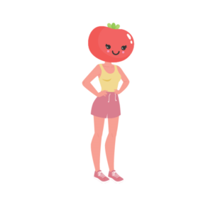 Ms. Tomato Head Character of female fitness coach doing a workout with a tomato head | Graphic Design by desainerd