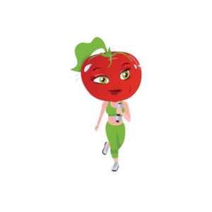 Ms. Tomato Head Character of female fitness coach doing a workout with a tomato head | Graphic Design by Natasa m.