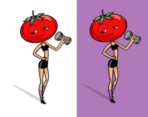 Ms. Tomato Head Character of female fitness coach doing a workout with a tomato head | Graphic Design by ally designs