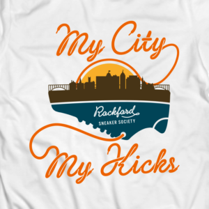 Rockford Il skyline over sneakers | T-shirt Design by simple mind