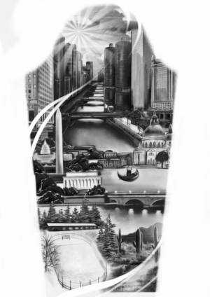 Cityscape and landscape combination Sleeve | Tattoo-Design von Omelas