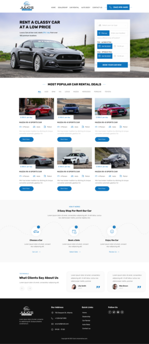 Julio's Automotive landing page to Dealership page, Rental Car Page, and Auto Body page. | Web Design by WebPixel