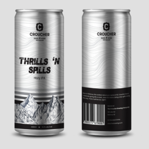 Beer can label - Thrills 'n Spills, Hazy IPA | Label Design by Fat Bat Man