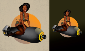 Bombs Away! WW2 Pinup Girl riding an Atomic Bomb wearing a bikini and heels | T-Shirt-Design von ally designs