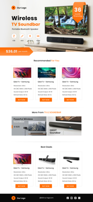 TV and Soundbar e-mail ad. Feature savings because of 36 month financing, show per month payments. | Email Marketing Design by WebPixel