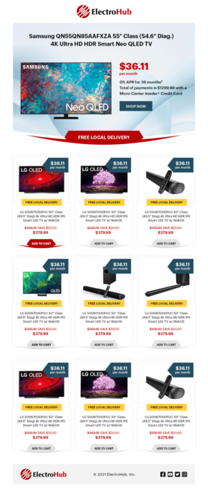 TV and Soundbar e-mail ad. Feature savings because of 36 month financing, show per month payments. | Email Marketing Design by Ved Web Services