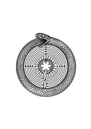 B&W Tattoo (12x12 cm): Chartres Cathedral labyrinth with a sun at the center and an Uroboros | Tattoo-Design von Omelas