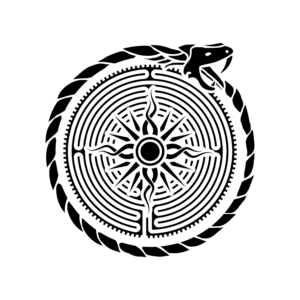 B&W Tattoo (12x12 cm): Chartres Cathedral labyrinth with a sun at the center and an Uroboros | Tattoo-Design von ARTchemist