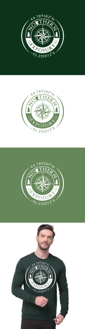 Norther Exposure, 44.789382 (degree symbol) N, -93.255072 (degree symbol) E, (a compass center, two pine trees | Logo Design by HEAVEN ART