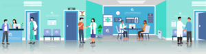 Detailed 4-Scene Doctors Office Graphic for Banner on Website | Graphic Design by Manhkokoro