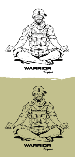 Older veteran character in lotus pose wearing tac gear/shorts/ flip flops for Warrior Hippie Apparel | Character Design by Suprakash 3