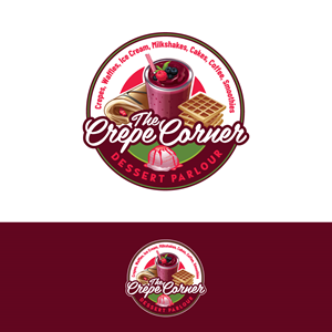 Main Heading: The Crepe Corner; Sub Heading: Dessert Parlour; Side text: Crepes, Waffles, Ice Cream, Milkshakes, Cakes, Coffee, Smoothies | Logo Design by Sujit Banerjee