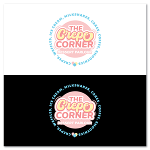 Main Heading: The Crepe Corner; Sub Heading: Dessert Parlour; Side text: Crepes, Waffles, Ice Cream, Milkshakes, Cakes, Coffee, Smoothies | Logo Design by Sujit Banerjee