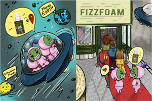 Create two illustrations about cute aliens