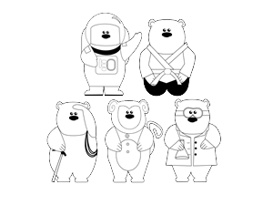 4 line drawings of a bear