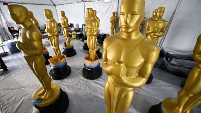 Oscar statues await painting for the 95th Oscars along Hollywood Boulevard in 2023