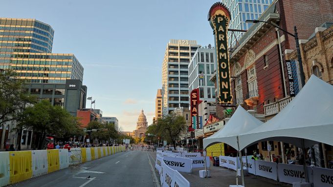 A general view of downtown Austin with the State and Paramount Theatres and the State Capitol in the background