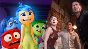 L-R: Anger (Lewis Black), Sadness (Phyllis Smith), Joy (Amy Poehler) and Disgust (Liza Lapira) in "Inside Out 2" and Daisy Edgar-Jones, Anthony Ramos and Glen Powell in "Twisters"