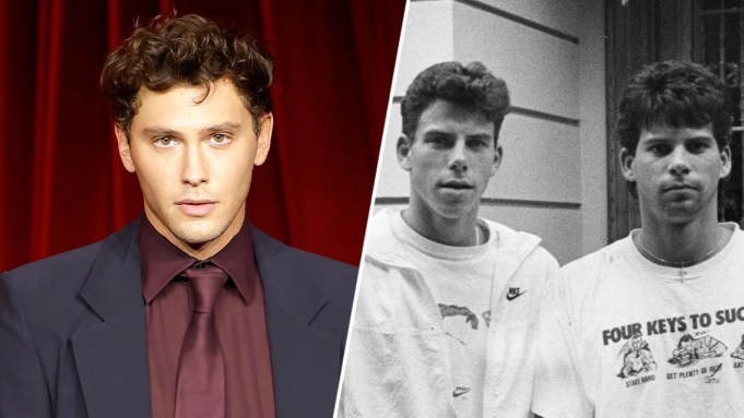 A red carpet photo of Cooper Koch; a black-and-white photo of Erik and Lyle Menéndez standing in front of a building