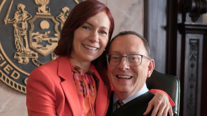 Carrie Preston and Michael Emerson in BTS photo from CBS' 'Elsbeth'