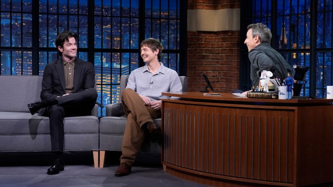 Pictured: (l-r) Comedian John Mulaney, writer Simon Rich during an interview with host Seth Meyers