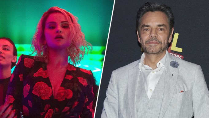 Selena Gomez dances in a nightclub in a still from 'Emilia Pérez'; Eugenio Derbez poses on a red carpet.