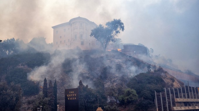 The Palisades fire burns around the Getty Villa in Pacific Palisades Jan. 7