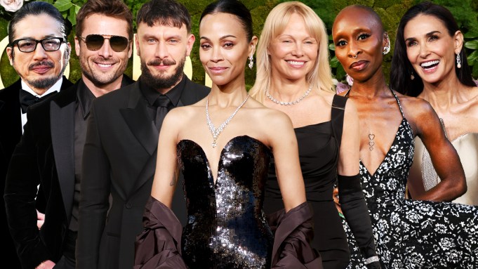 Hiroyuki Sanada, Glen Powell, Richard Gadd, Zoe Saldaña, Pamela Anderson, Cynthia Erivo and Demi Moore during the 82nd Annual Golden Globes held at The Beverly Hilton on January 05, 2025 in Beverly Hills