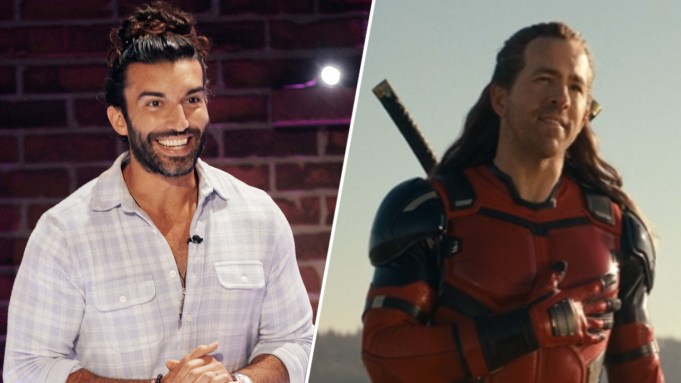 Justin Baldoni smiles and wears a hair bun; Ryan Reynolds wears a hair bun as Nicepool in 'Deadpool & Wolverine'.