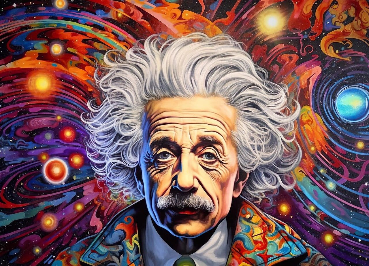 Albert Einstein con fondo psicodélico