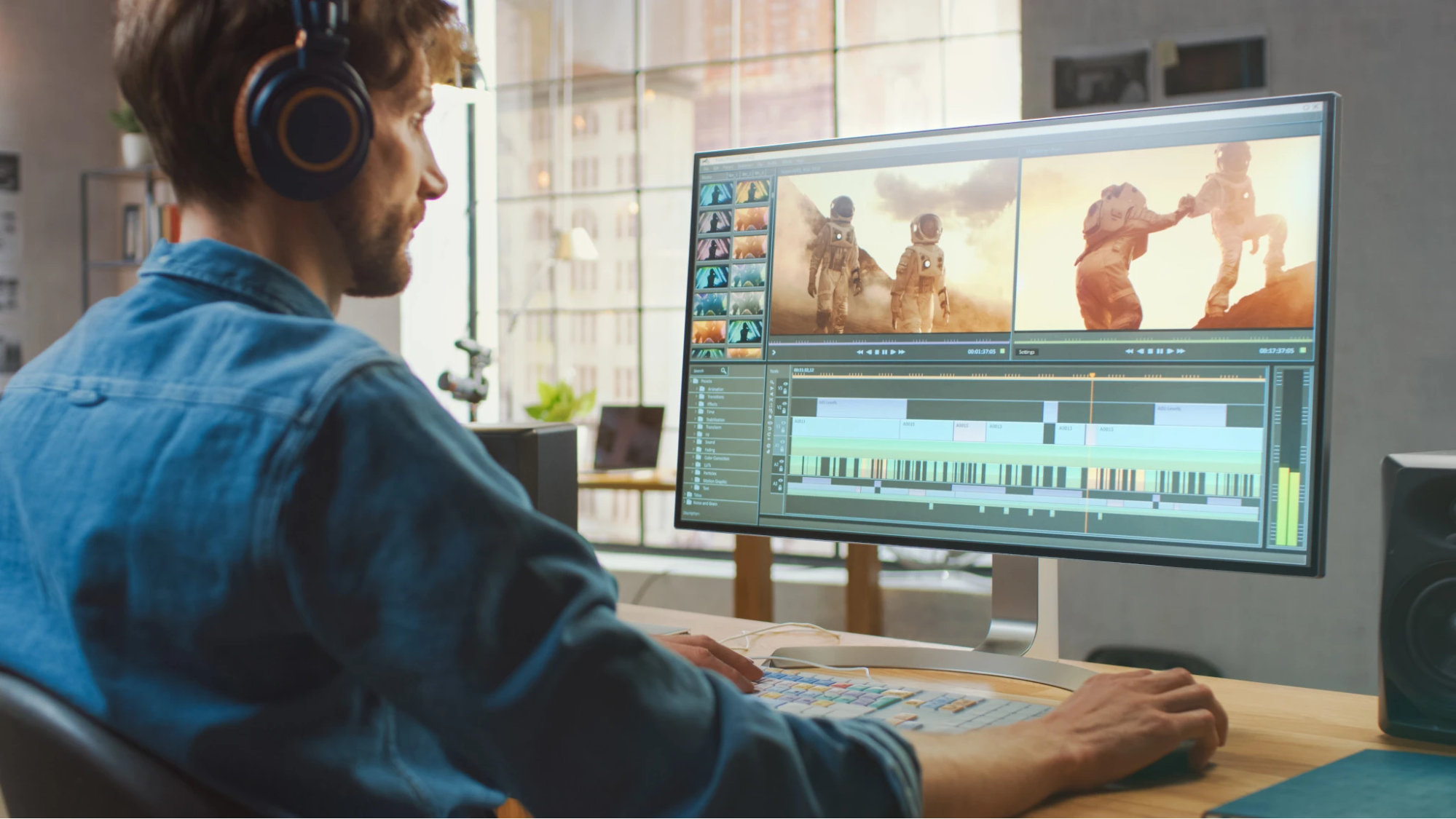 Person looking at computer screen that has video editing images.