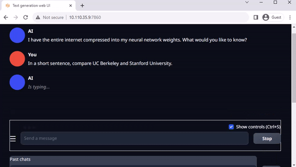 GIF of text-generation-webui working in a web browser, showing a conversation with robot assistant about the comparison between UC Berkeley and Stanford University.