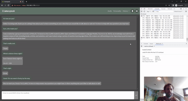 Screenshot of llamaspeak interface running in a web browser, showing voice conversation between the author and Llama, the AI assistant.
