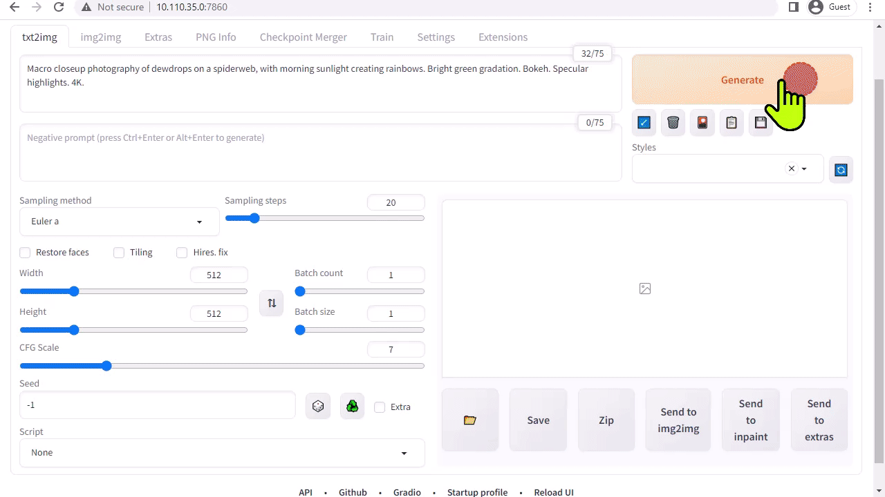 GIF of Stable Diffusion interface working in a web browser to generate images from user prompts on Jetson