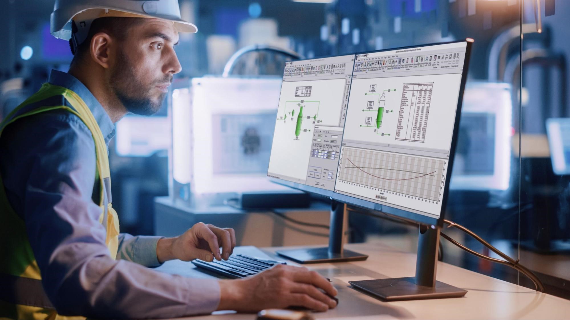 A person with a hard hat looks at a computer monitor, which is displaying graphs.