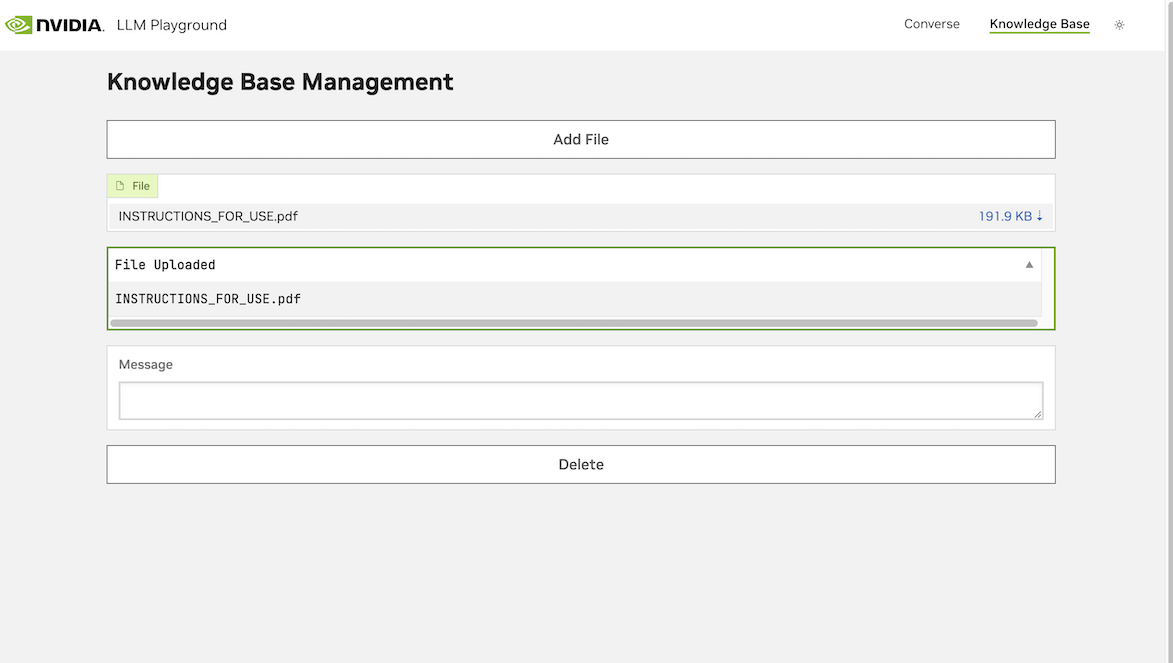 A screenshot of the Knowledge Base Management interface for the medical device training assistant. 